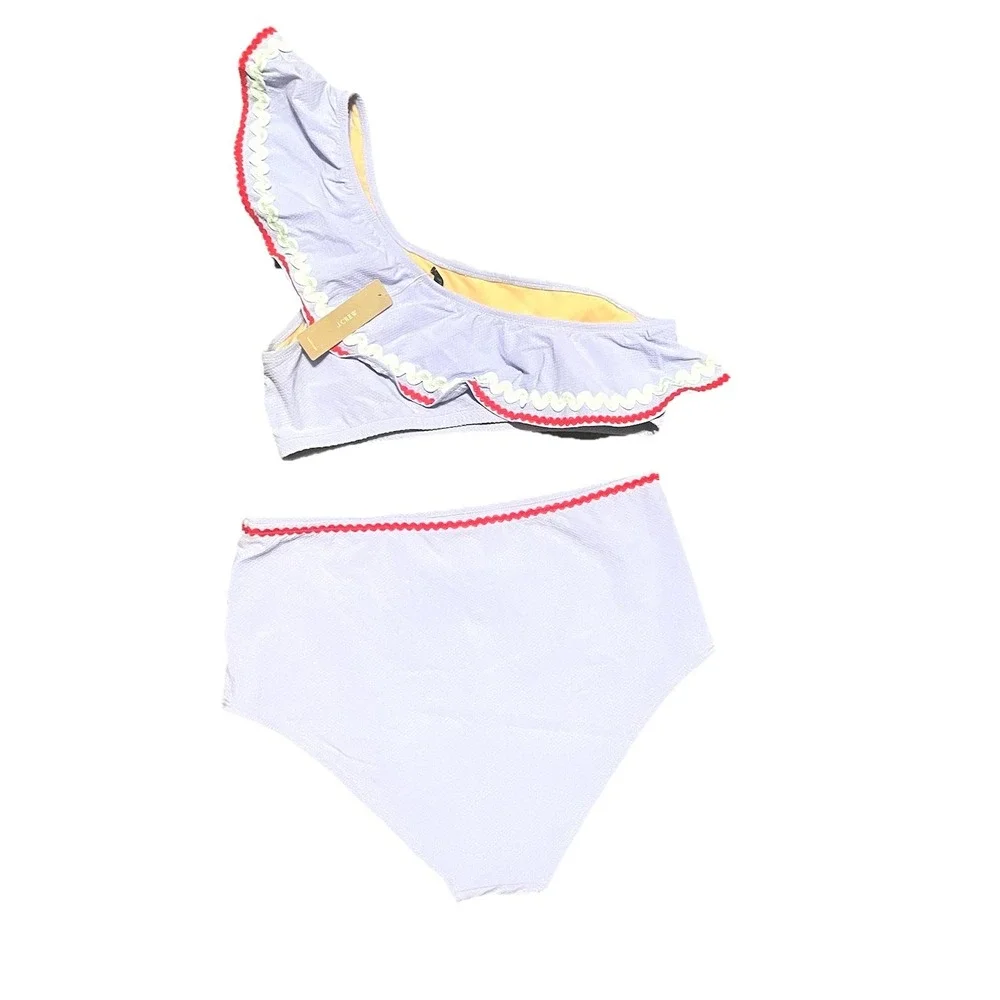 J. Crew High‎ Waist One Arm Top Ruffle Rickrack Bikini Set Blue Size S/M Preppy